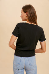 Black Lettuce Edge Short Sleeve Ribbed Wrap T-Shirt