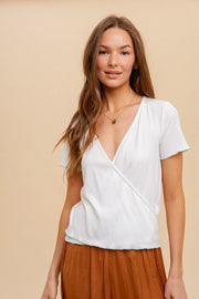 Ivory Lettuce Edge Short Sleeve Ribbed Wrap T-Shirt