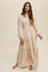 Beige Ruched Front Cutout Back Tiered Maternity Maxi Dress