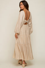 Beige Ruched Front Cutout Back Tiered Maternity Maxi Dress