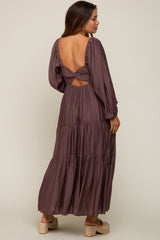 Brown Smocked Front Cutout Tiered Maternity Maxi Dress