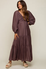 Brown Smocked Front Cutout Tiered Maternity Maxi Dress