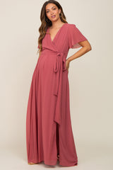 Mauve Chiffon Short Sleeve Wrap V-Neck Front Slit Maternity Maxi Dress