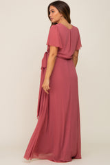 Mauve Chiffon Short Sleeve Wrap V-Neck Front Slit Maternity Maxi Dress