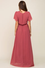 Mauve Chiffon Short Sleeve Wrap V-Neck Front Slit Maxi Dress