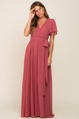 Mauve Chiffon Short Sleeve Wrap V-Neck Front Slit Maxi Dress