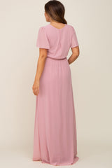 Pink Chiffon Short Sleeve Wrap V-Neck Front Slit Maternity Maxi Dress