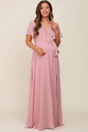 Pink Chiffon Short Sleeve Wrap V-Neck Front Slit Maternity Maxi Dress