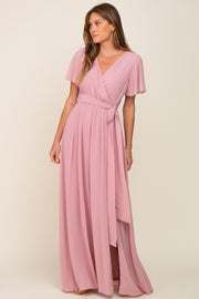 Pink Chiffon Short Sleeve Wrap V-Neck Front Slit Maxi Dress