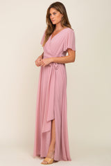 Pink Chiffon Short Sleeve Wrap V-Neck Front Slit Maxi Dress