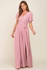 Pink Chiffon Short Sleeve Wrap V-Neck Front Slit Maxi Dress