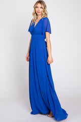 Royal Blue Chiffon Short Sleeve Wrap V-Neck Front Slit Maxi Dress