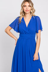 Royal Blue Chiffon Short Sleeve Wrap V-Neck Front Slit Maxi Dress