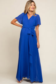 Royal Blue Chiffon Short Sleeve Wrap V-Neck Front Slit Maternity Maxi Dress