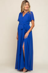 Royal Blue Chiffon Short Sleeve Wrap V-Neck Front Slit Maternity Maxi Dress