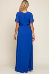 Royal Blue Chiffon Short Sleeve Wrap V-Neck Front Slit Maternity Maxi Dress