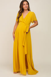 Yellow Chiffon Short Sleeve Wrap V-Neck Front Slit Maternity Maxi Dress