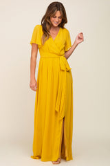 Yellow Chiffon Short Sleeve Wrap V-Neck Front Slit Maternity Maxi Dress