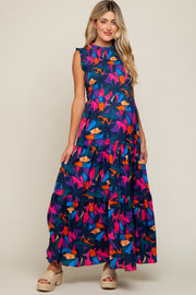 Multi-Color Print Smocked Ruffle Mock Neck Tiered Maternity Maxi Dress