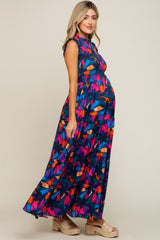 Multi-Color Print Smocked Ruffle Mock Neck Tiered Maternity Maxi Dress