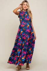 Multi-Color Print Smocked Ruffle Mock Neck Tiered Maternity Maxi Dress