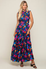 Multi-Color Print Smocked Ruffle Mock Neck Tiered Maternity Maxi Dress