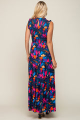 Multi-Color Print Smocked Ruffle Mock Neck Tiered Maxi Dress