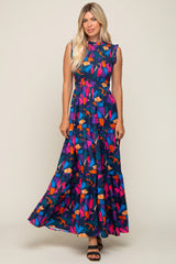 Multi-Color Print Smocked Ruffle Mock Neck Tiered Maxi Dress