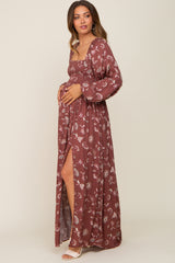 Burgundy Floral Smocked Side Slit Maternity Dress