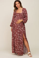 Burgundy Floral Smocked Side Slit Maternity Dress