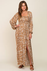 Camel Floral Smocked Side Slit Dress