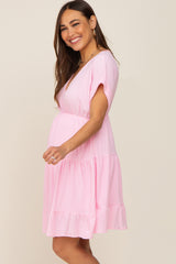 Pink V-Neck Tiered Cutout Back Maternity Dress