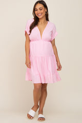 Pink V-Neck Tiered Cutout Back Maternity Dress