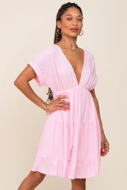 Pink V-Neck Tiered Cutout Back Dress