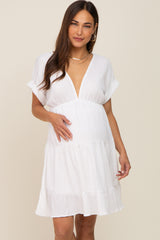 White V-Neck Tiered Cutout Back Maternity Dress