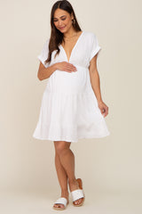 White V-Neck Tiered Cutout Back Maternity Dress