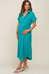 Emerald Green Button Up Front Pocket Maternity Midi Dress