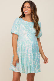 Aqua Sequin Short Sleeve Tiered Maternity Dress