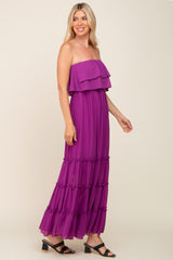 Purple Chiffon Strapless Ruffle Tiered Maxi Dress