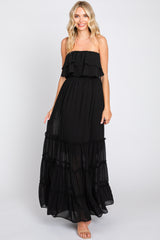 Black Chiffon Strapless Ruffle Tiered Maxi Dress