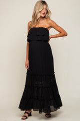 Black Chiffon Strapless Ruffle Tiered Maternity Maxi Dress