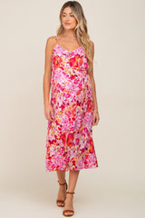 Fuchsia Floral Button Down Maternity Midi Dress