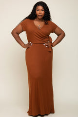 Rust Rubbed Wrapped Front V-Neck Plus Maxi Dress