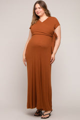 Rust Ribbed Wrapped Front V-Neck Maternity Plus Maxi Dress