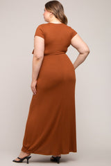 Rust Ribbed Wrapped Front V-Neck Maternity Plus Maxi Dress