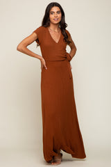 Rust Ribbed Wrapped Front V-Neck Maxi Dress