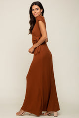 Rust Ribbed Wrapped Front V-Neck Maxi Dress