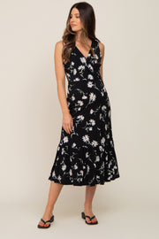 Black Floral Wrap Front V-Neck Ruffle Maternity Midi Dress