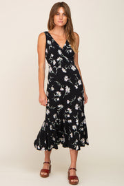 Black Floral Wrap Front V-Neck Ruffle Midi Dress