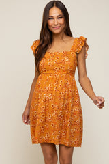 Camel Leaf Print Ruffle Accent Maternity Dress